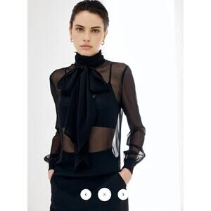 NWT Commense Sheer Bow Chiffon Blouse Sz L